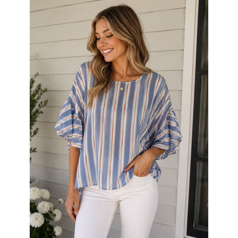 Peppermint Made in USA Blue Striped Flowy Bell Sleeve Top Size M/L